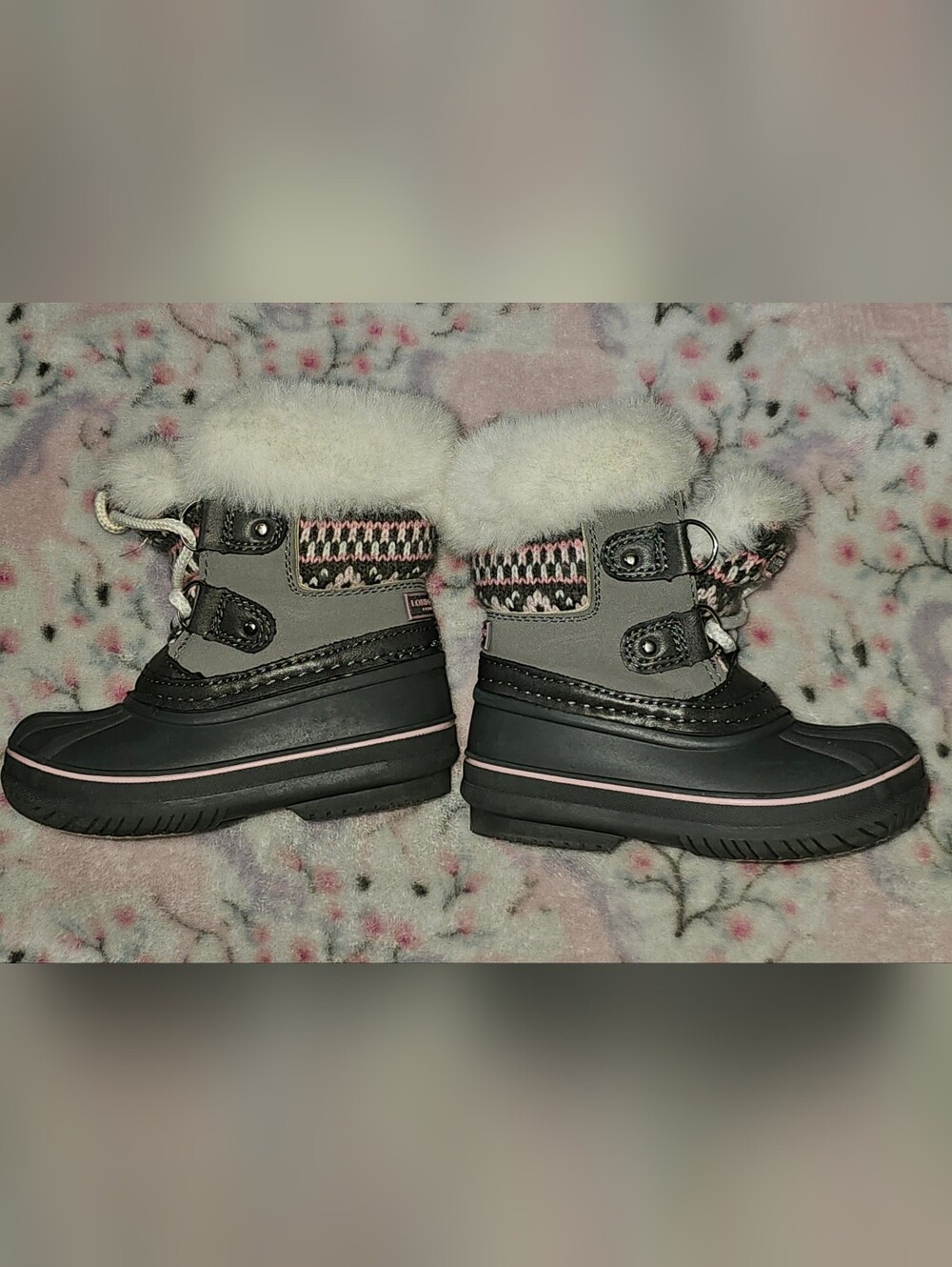 London Fog Gray and Pink Girls' Winter Boots with Faux Fur Trim